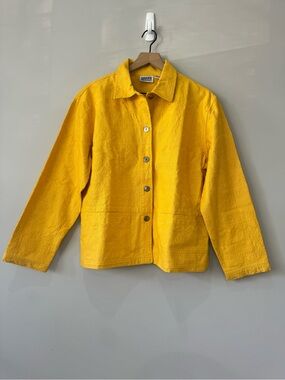 Chico’s Design Embroidered Yellow Denim Cotton blazer Jacket Size Large